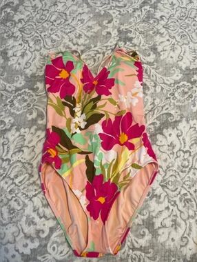Floral One-Piece Swimsuit in Peach and Fuchsia